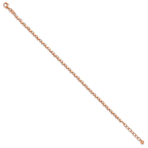 Polished Sterling Silver Rose Gold-Tone CZ Heart Bracelet - 7 Inch