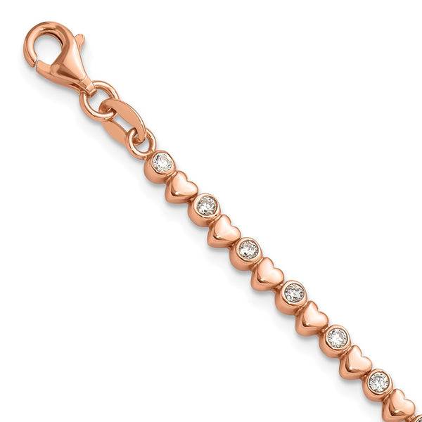 Polished Sterling Silver Rose Gold-Tone CZ Heart Bracelet - 7 Inch
