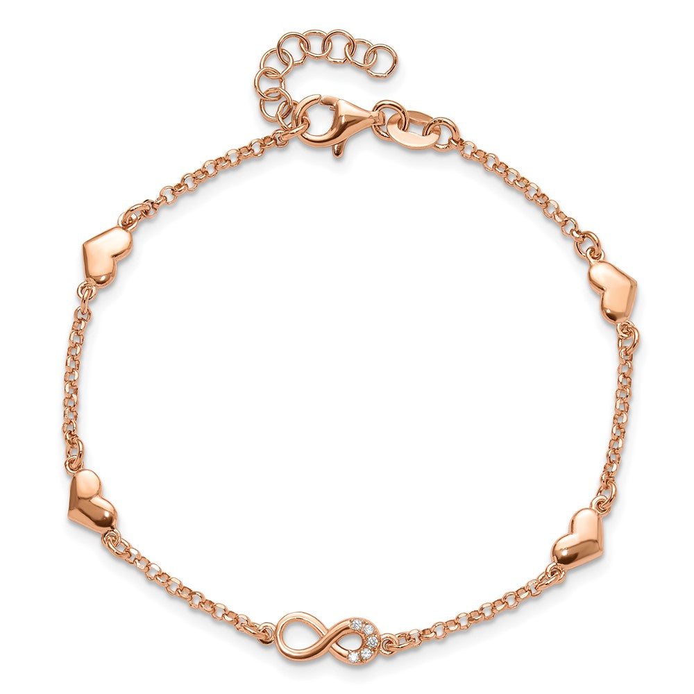 High-Quality Sterling Silver Rose Gold-Plated Heart Infinity Bracelet, Stylish CZ Accents & Extension