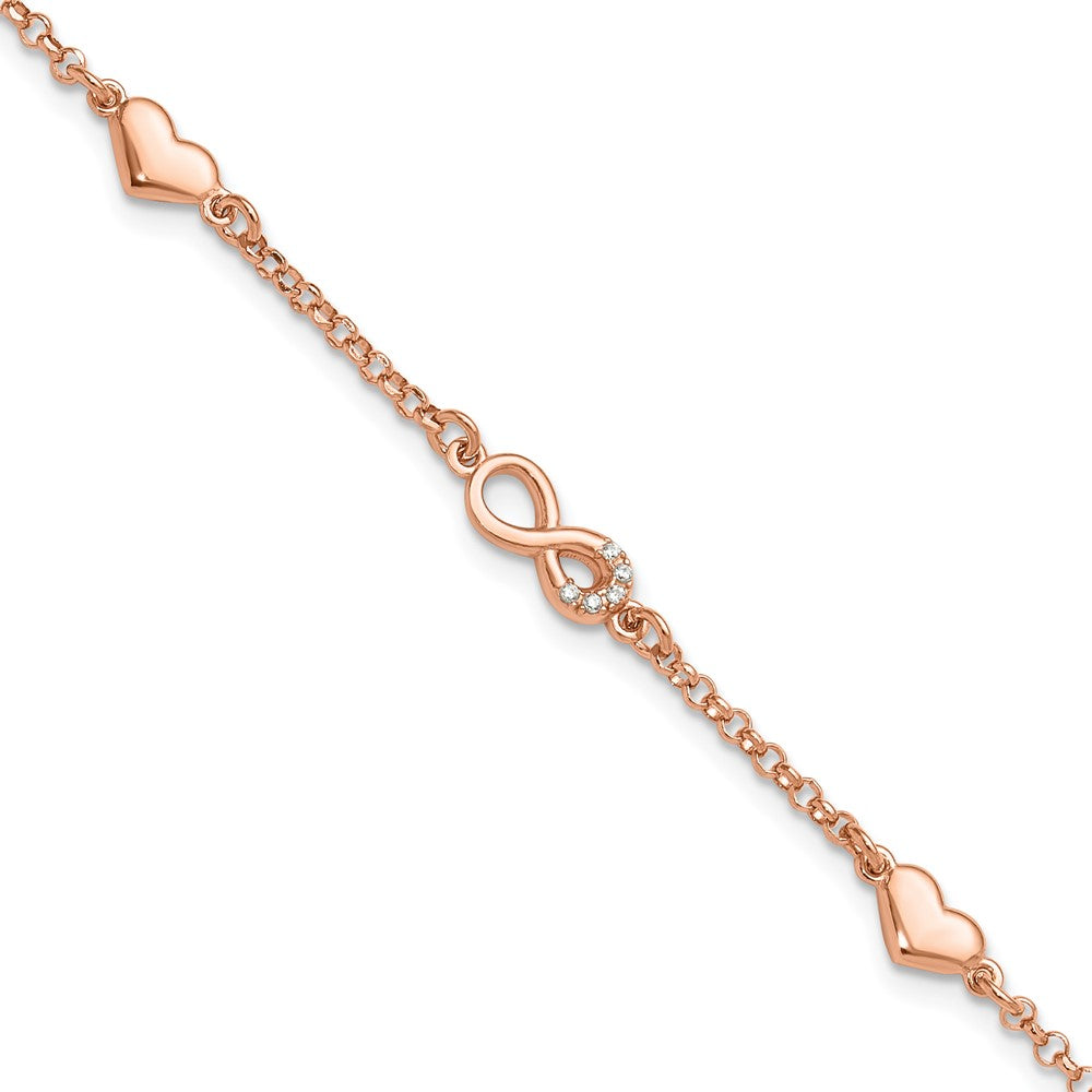 High-Quality Sterling Silver Rose Gold-Plated Heart Infinity Bracelet, Stylish CZ Accents & Extension