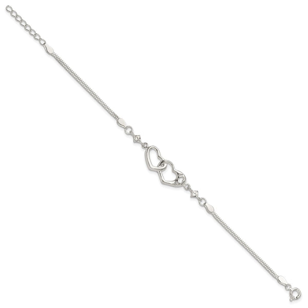 Polished Sterling Silver CZ "I Heart You" Bracelet - 1-Inch Extender