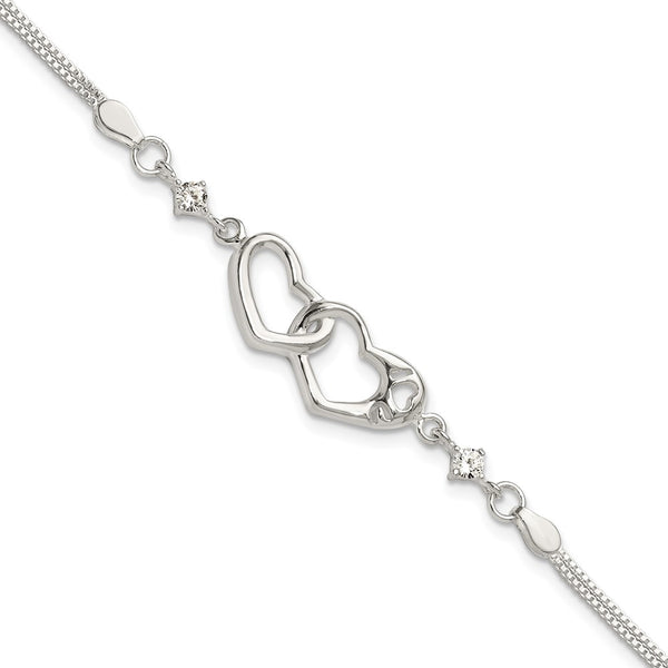 Polished Sterling Silver CZ "I Heart You" Bracelet - 1-Inch Extender