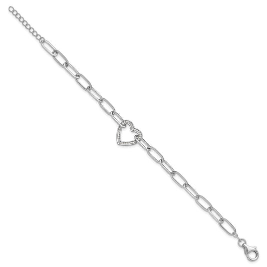 Exclusive Rhodium-Plated Sterling Silver Paperclip Bracelet with CZ Heart - Stylish 1-Inch Extension