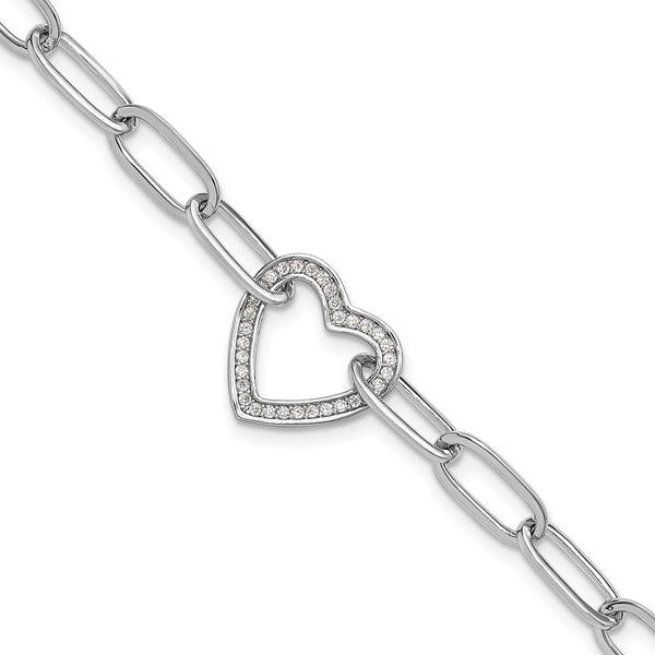 Rhodium-Plated Sterling Silver Paperclip Bracelet with CZ Heart - 1-Inch Extension