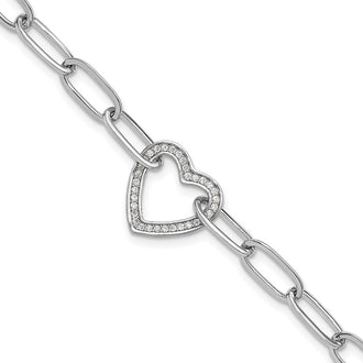 Exclusive Rhodium-Plated Sterling Silver Paperclip Bracelet with CZ Heart - Stylish 1-Inch Extension