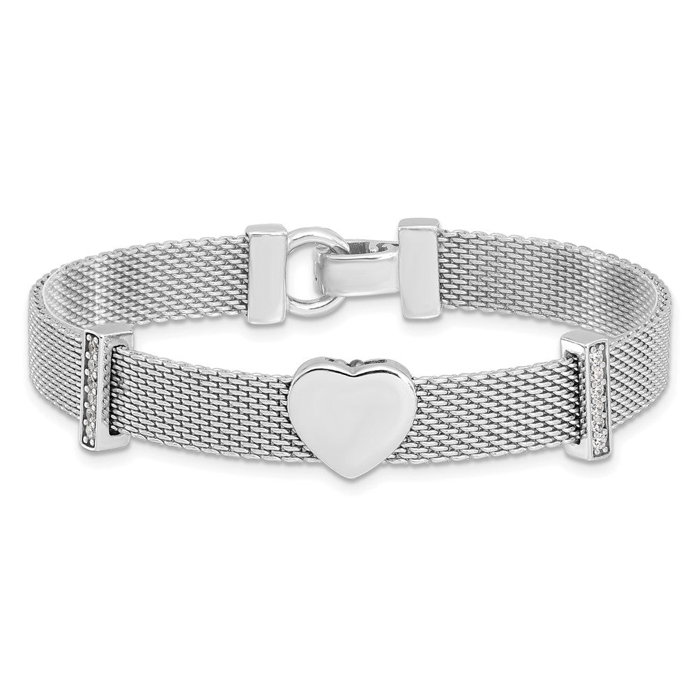 Shop Stylish Rhodium-Plated Sterling Silver Mesh Bracelet - 6.75" with CZ Heart