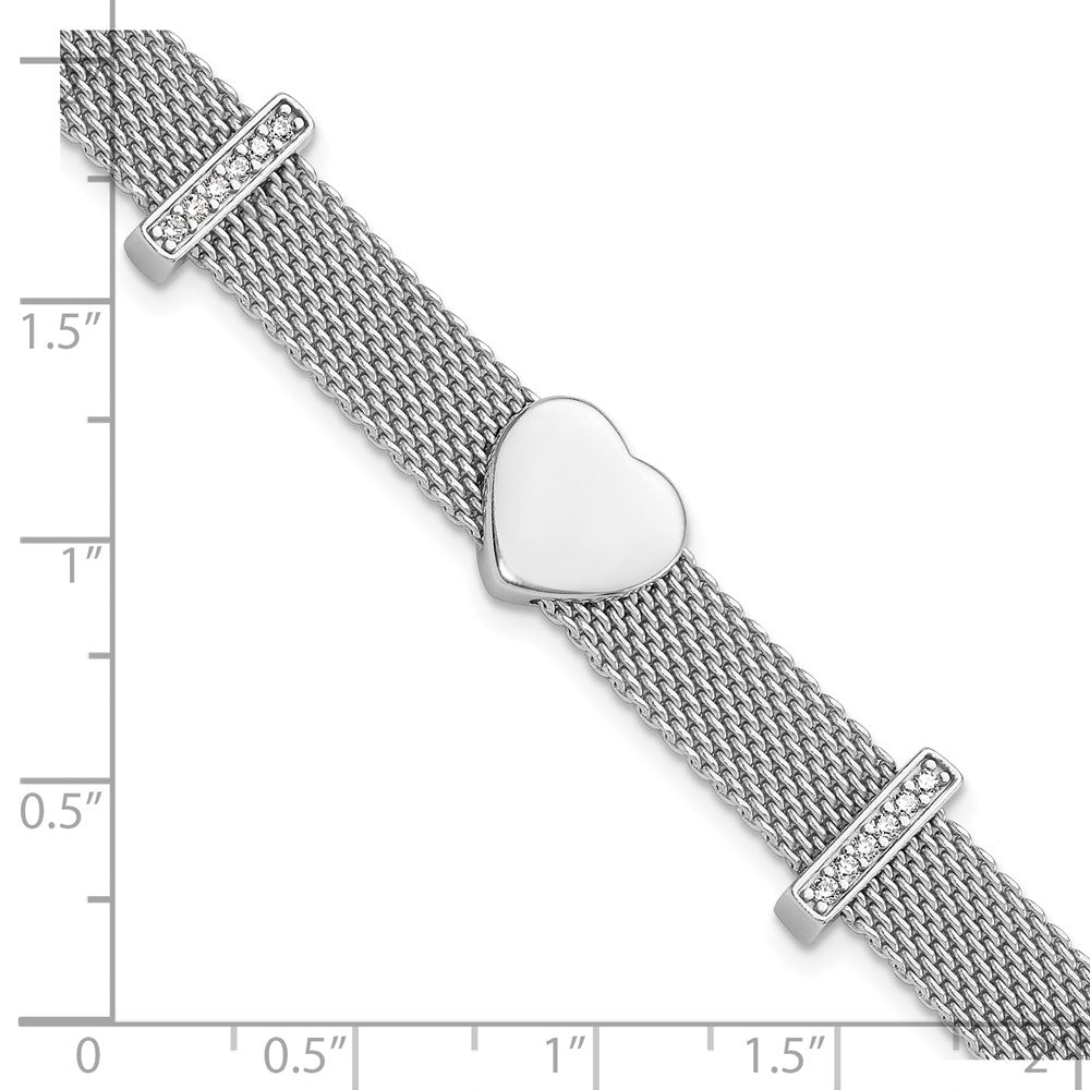 Shop Stylish Rhodium-Plated Sterling Silver Mesh Bracelet - 6.75" with CZ Heart