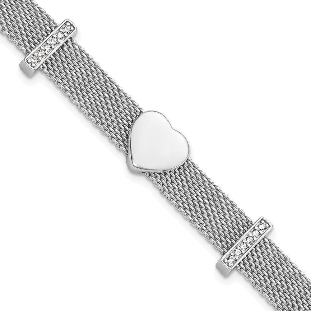 Shop Stylish Rhodium-Plated Sterling Silver Mesh Bracelet - 6.75" with CZ Heart