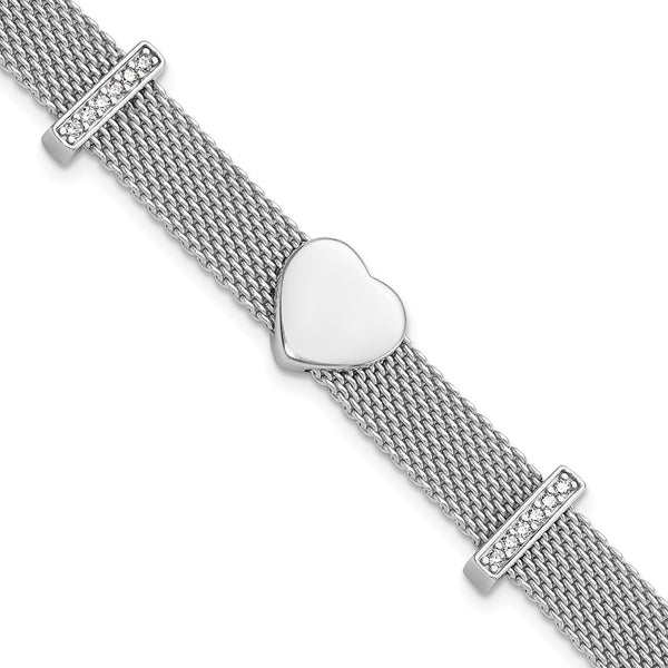 Rhodium-Plated Sterling Silver Mesh Bracelet - 6.75" CZ Heart