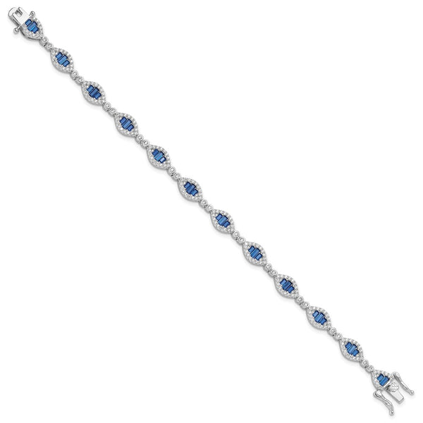 Rhodium-Plated Sterling Silver White & Blue CZ Link Bracelet 7"