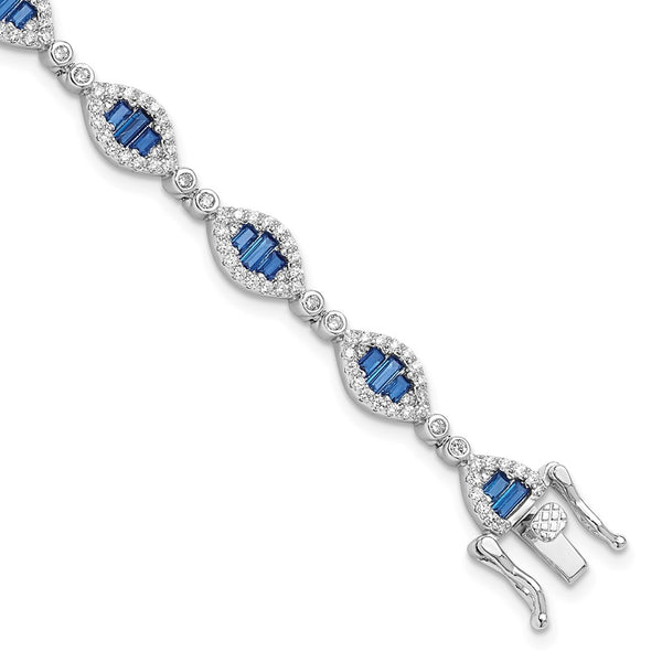 Rhodium-Plated Sterling Silver White & Blue CZ Link Bracelet 7"