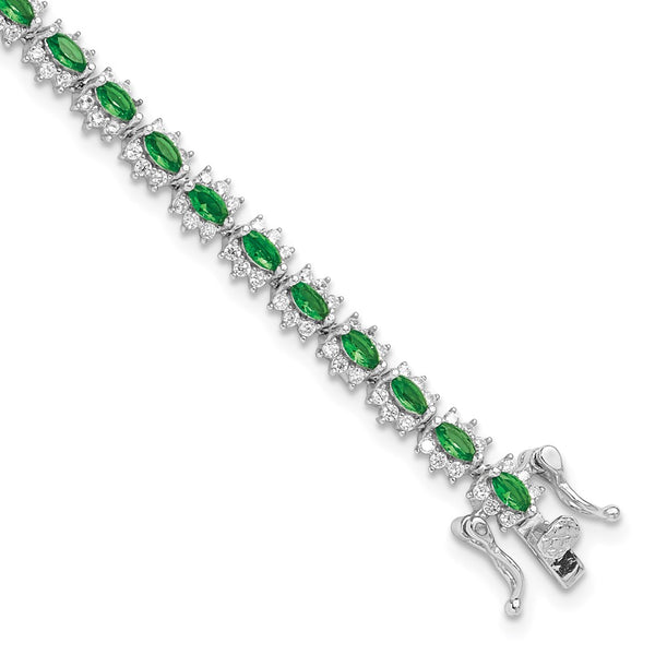 Rhodium-Plated Sterling Silver Bracelet - 7.5" Green White CZ
