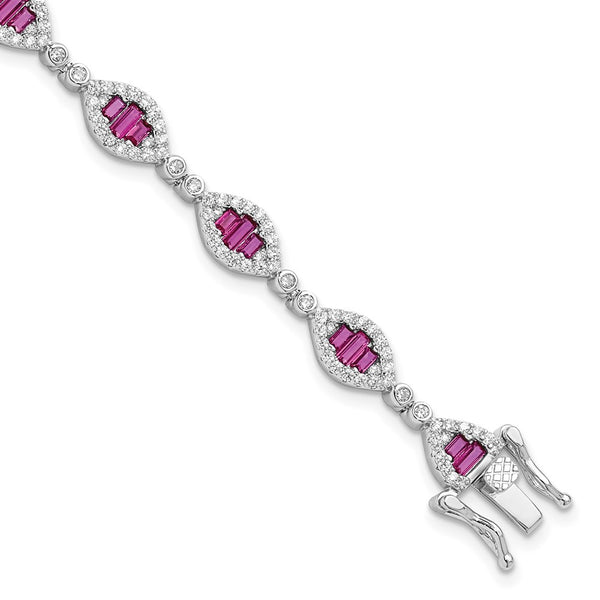 Rhodium-Plated Sterling Silver Bracelet with White & Red CZ, 7" - Style GR1-1008394