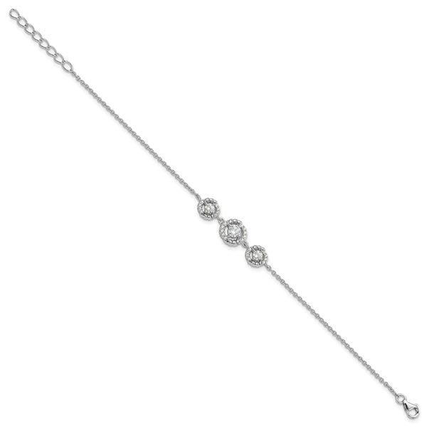 Rhodium-Plated Sterling Silver Fancy CZ Bracelet - 7" Long, 1" Extender