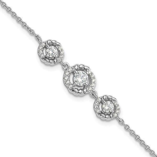 Rhodium-Plated Sterling Silver Fancy CZ Bracelet - 7" Long, 1" Extender