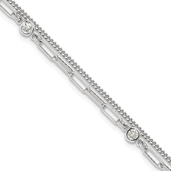 Sterling Silver Rhodium-Plated CZ Double Strand Bracelet 6.75"