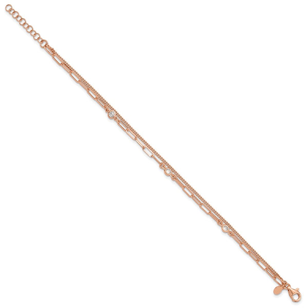 Sterling Silver Rose Gold-Plated CZ Double Strand Bracelet, 6.75"