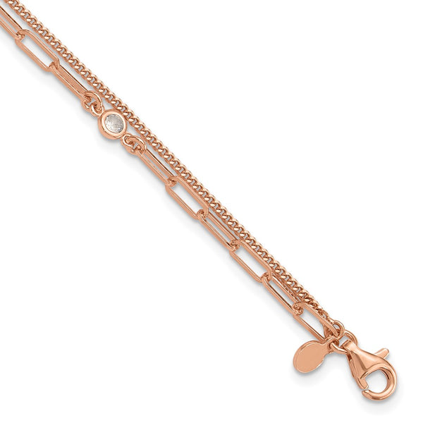 Sterling Silver Rose Gold-Plated CZ Double Strand Bracelet, 6.75"