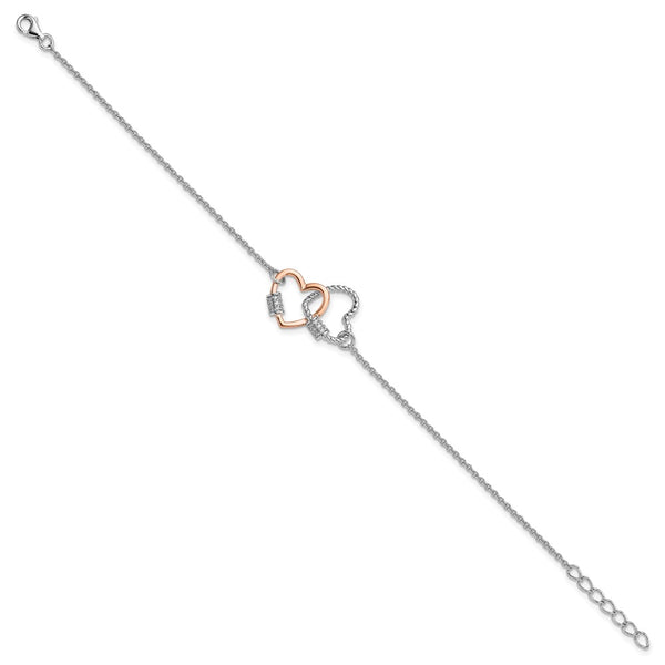 Rose-Tone Double Heart Bracelet - 7" Sterling Silver