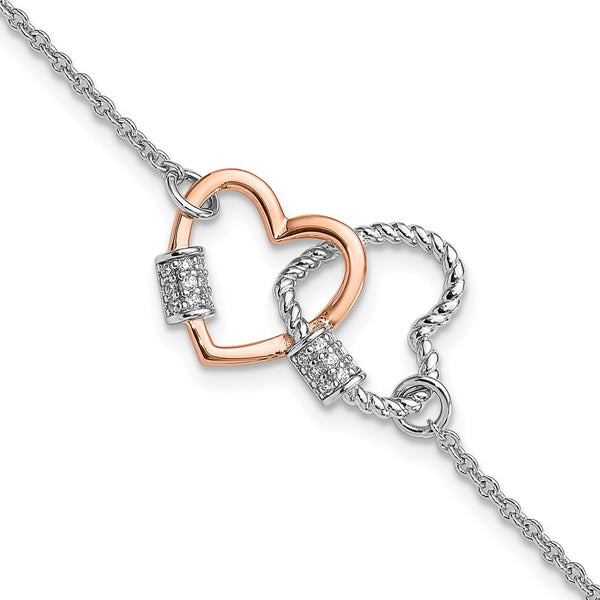 Rose-Tone Double Heart Bracelet - 7" Sterling Silver