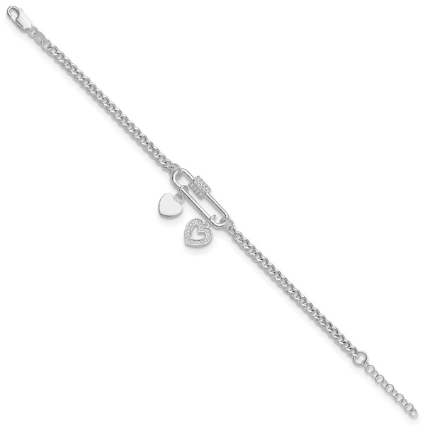 7-Inch Sterling Silver Rhodium-Plated CZ Heart Bracelet
