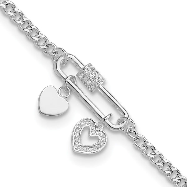 7-Inch Sterling Silver Rhodium-Plated CZ Heart Bracelet
