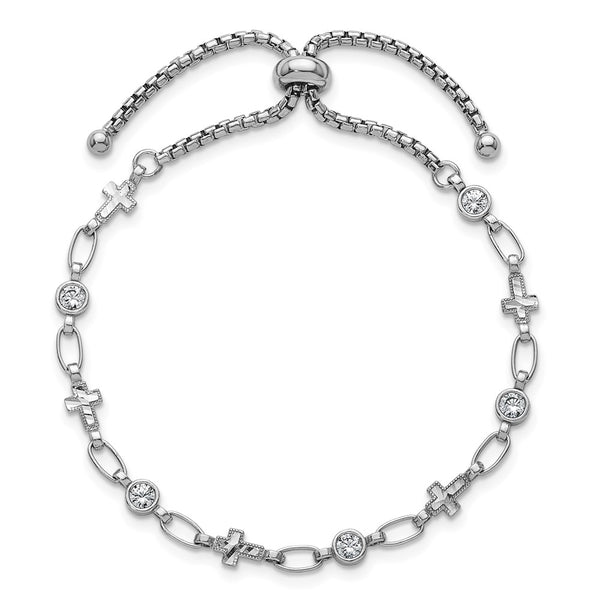 Adjustable Bolo Bracelet in Rhodium-Plated Silver - CZ Cross