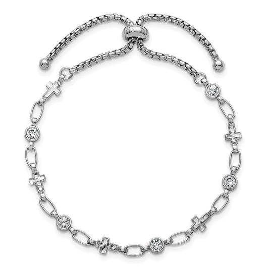 High-Quality Adjustable Bolo Bracelet in Rhodium-Plated Silver - Stylish CZ Cross