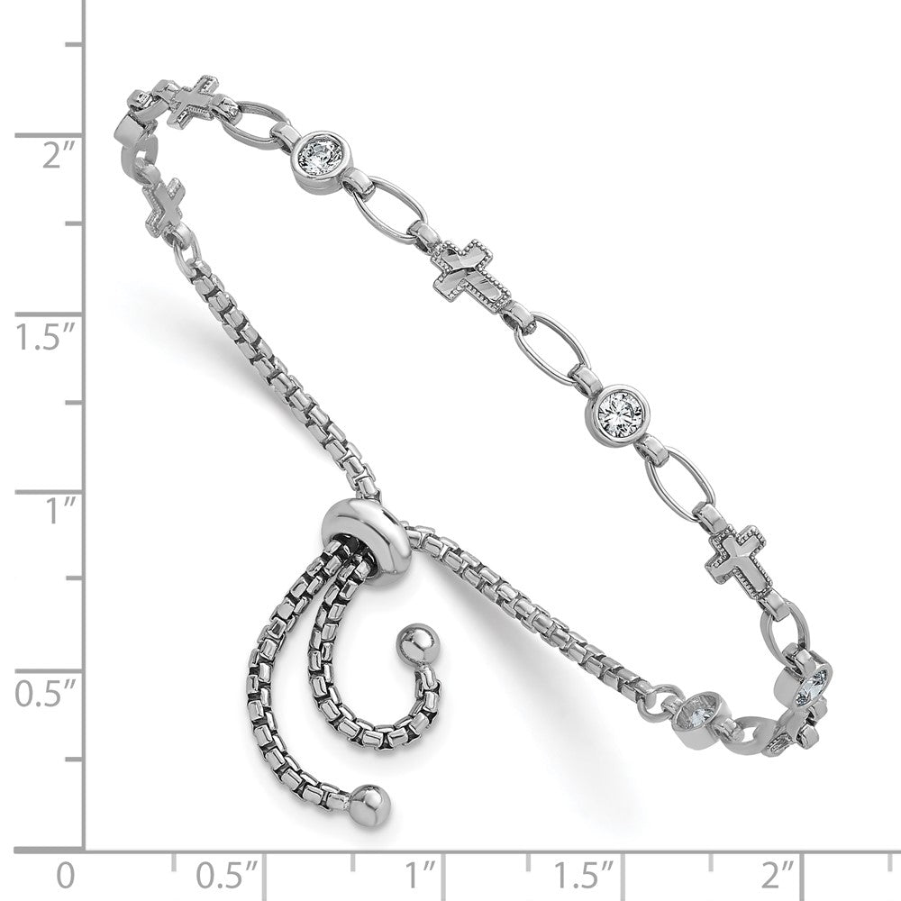 High-Quality Adjustable Bolo Bracelet in Rhodium-Plated Silver - Stylish CZ Cross
