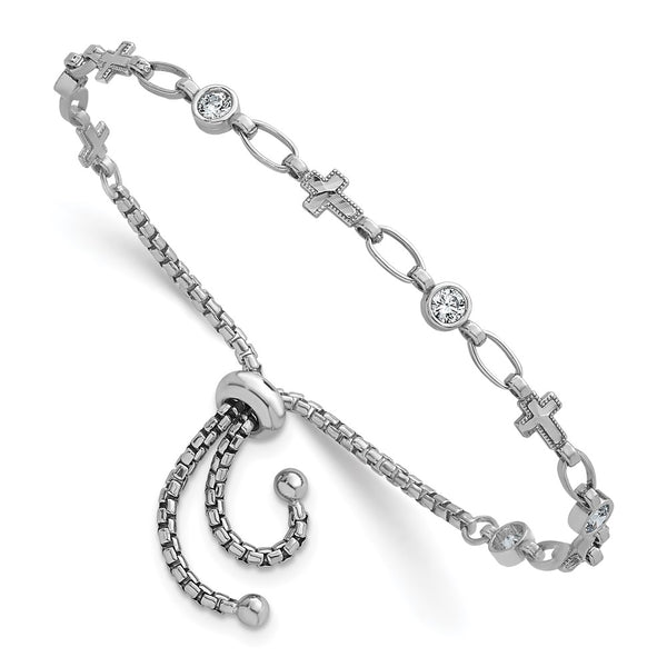 Adjustable Bolo Bracelet in Rhodium-Plated Silver - CZ Cross