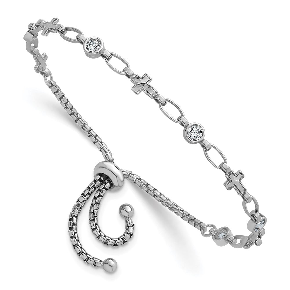 High-Quality Adjustable Bolo Bracelet in Rhodium-Plated Silver - Stylish CZ Cross