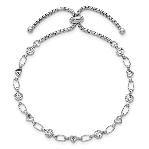 Rhodium-Plated Sterling Silver Heart Bolo Bracelet - CZ Diamond-Cut