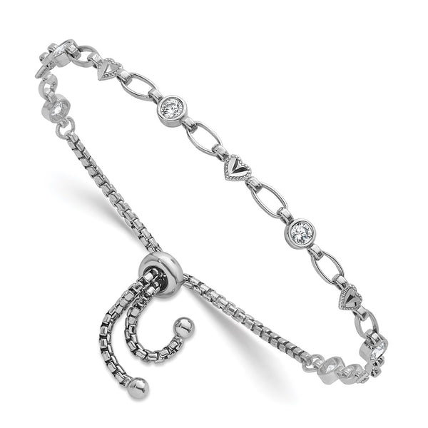 Rhodium-Plated Sterling Silver Heart Bolo Bracelet - CZ Diamond-Cut