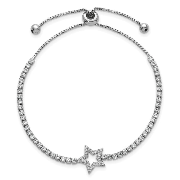 Rhodium-Plated Sterling Silver CZ Star Bolo Bracelet, Adjustable