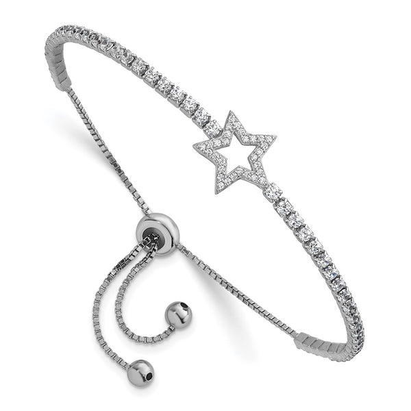 Rhodium-Plated Sterling Silver CZ Star Bolo Bracelet, Adjustable