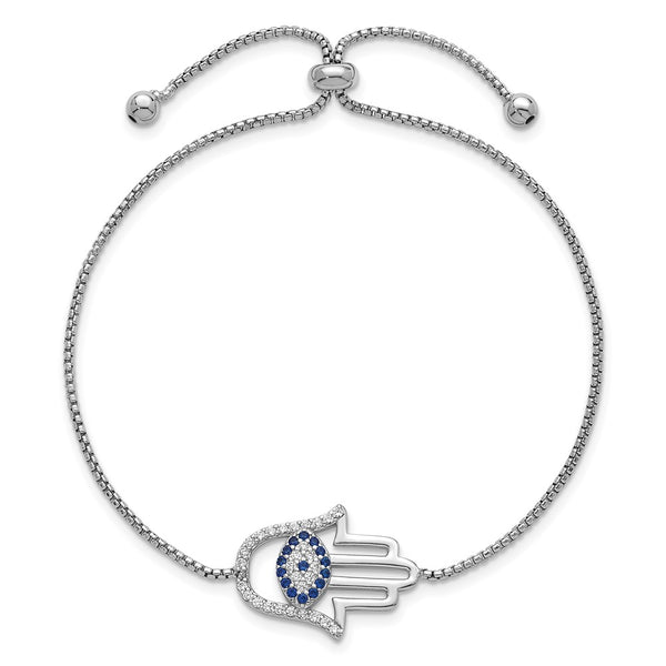 Rhodium-Plated Sterling Silver Adjustable Bolo Bracelet with Lab-Created Blue Spinel & CZ Evil Eye Charm