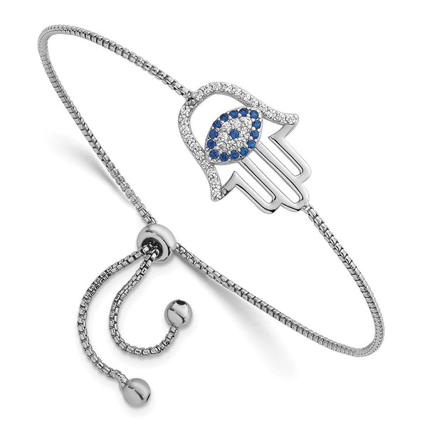 Rhodium-Plated Sterling Silver Adjustable Bolo Bracelet with Lab-Created Blue Spinel & CZ Evil Eye Charm