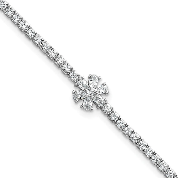 7.25 Inch Polished CZ Flower Tennis Bracelet in Sterling Silver