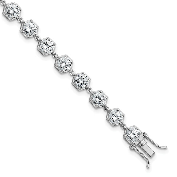 8-Inch Polished Round CZ Bracelet - 14K Rhodium-Plated Silver