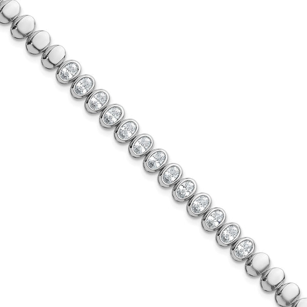 Polished Oval Bezel CZ Bracelet - 7.25" Rhodium-Plated Silver