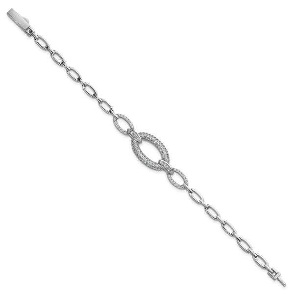 Polished Sterling Silver CZ Oval Link Bracelet - 7 Inches