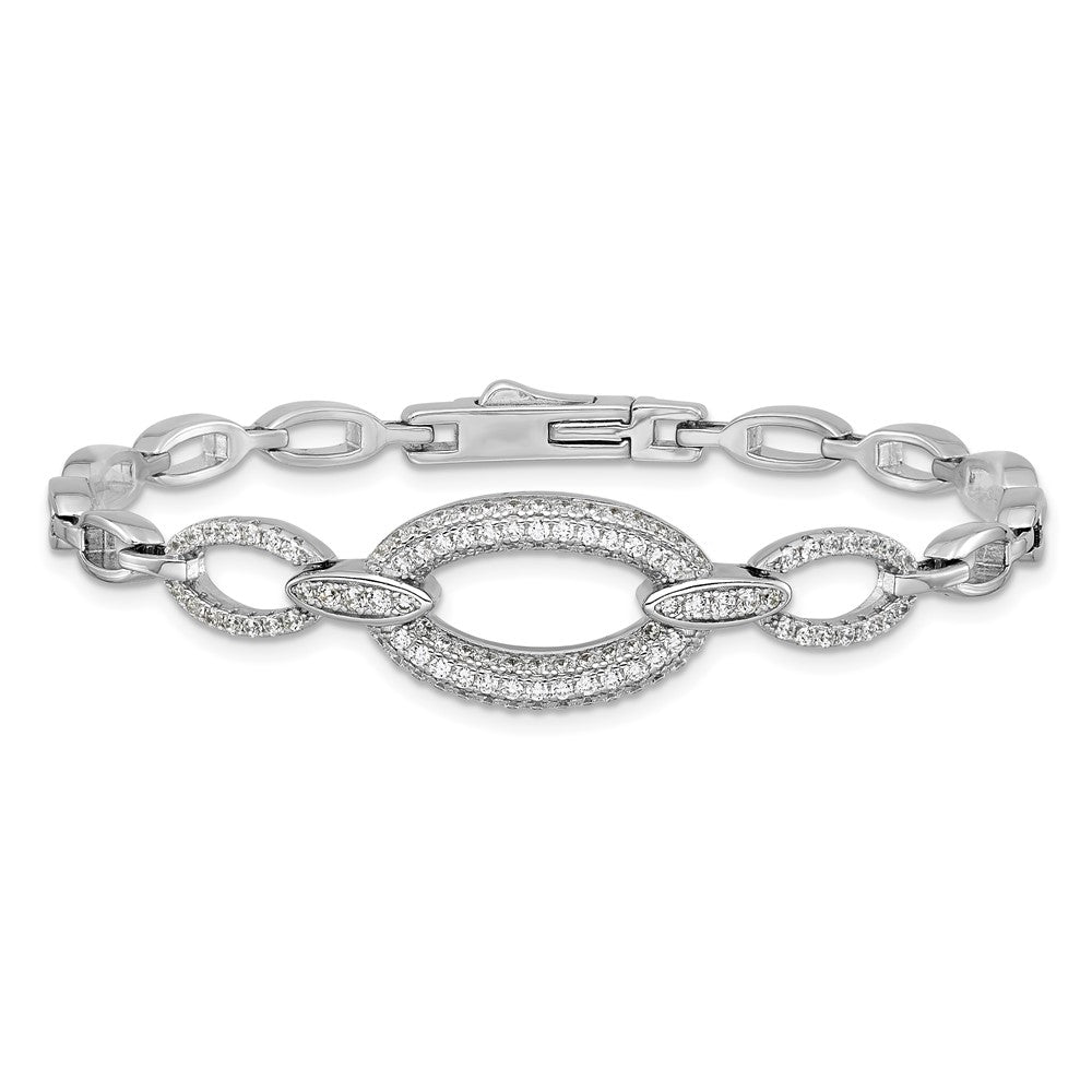 High-Quality Polished Sterling Silver CZ Oval Link Bracelet - 7 Inches, Stylish