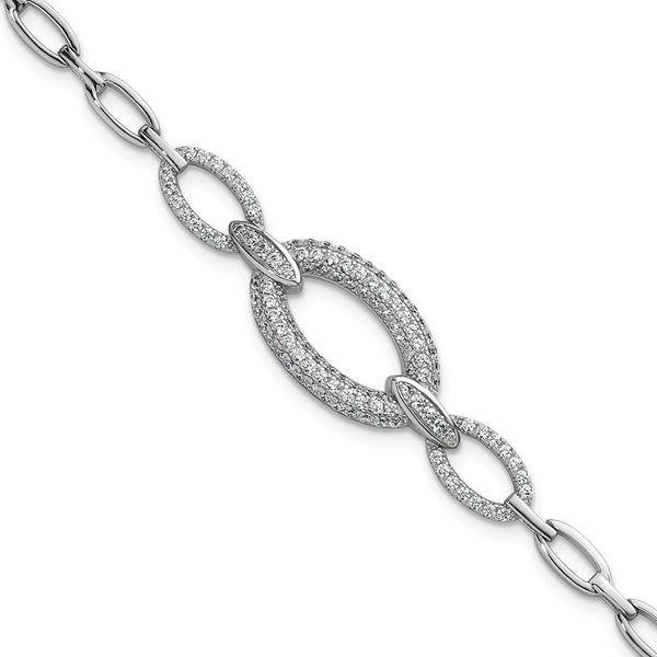 Polished Sterling Silver CZ Oval Link Bracelet - 7 Inches