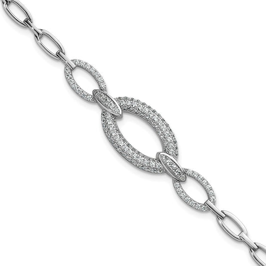 High-Quality Polished Sterling Silver CZ Oval Link Bracelet - 7 Inches, Stylish