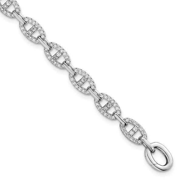 7.25" Polished Sterling Silver Anchor Bracelet - CZ