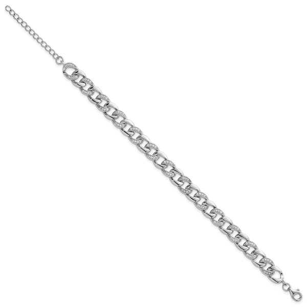 Polished Sterling Silver 8mm CZ Curb Link Bracelet - 7" + Extension