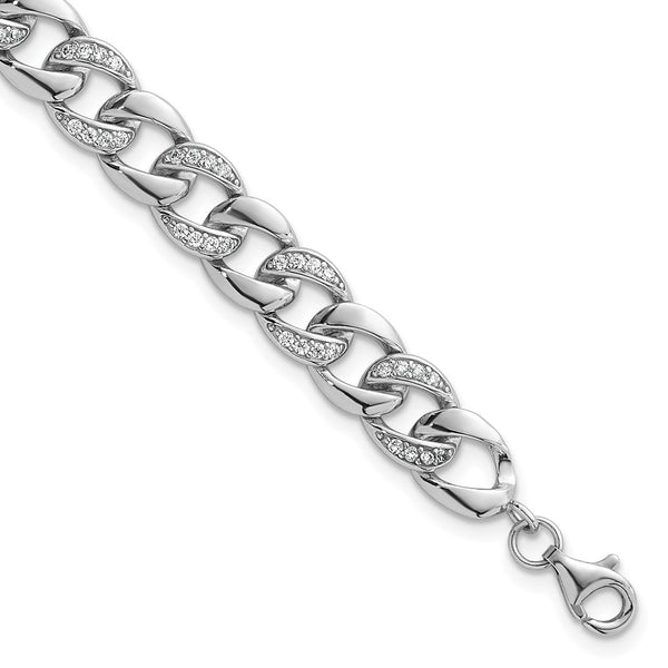 Polished Sterling Silver 8mm CZ Curb Link Bracelet - 7" + Extension