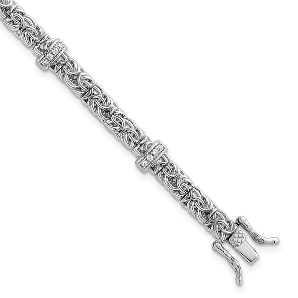 Polished CZ Byzantine Link Bracelet - 7.75" Rhodium-Plated Silver