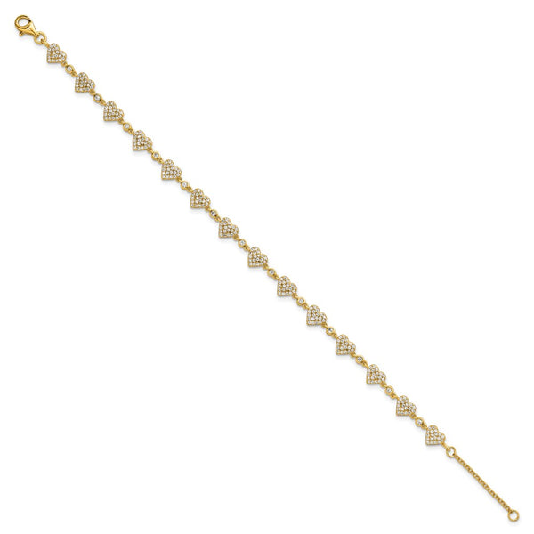 7-Inch Polished Pave CZ Heart Bracelet in Sterling Silver