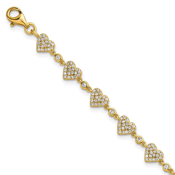7-Inch Polished Pave CZ Heart Bracelet in Sterling Silver
